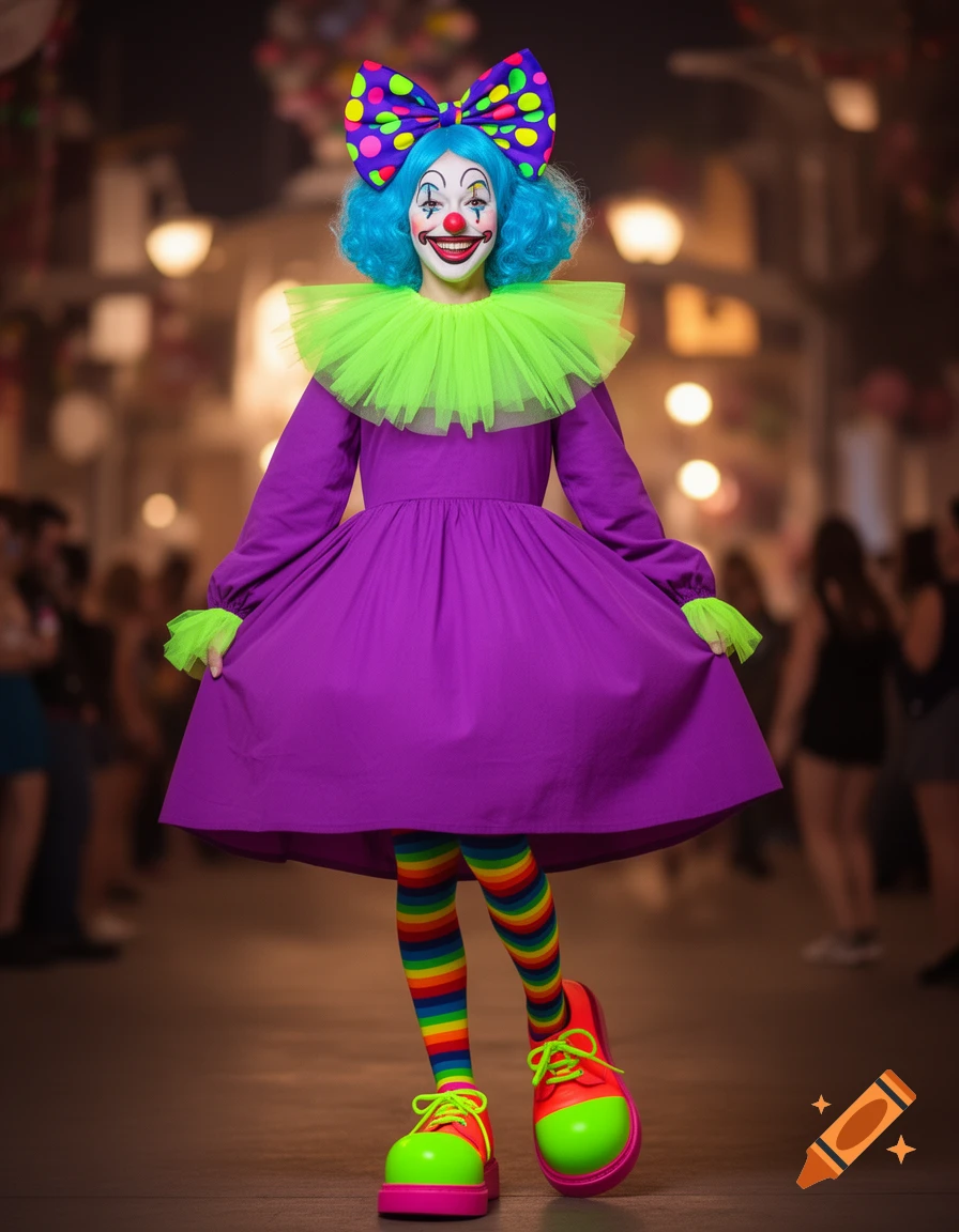 Photorealistic image of a clown woman with a white face, blue wig, polka-dotted bow, purple dress, rainbow socks, and large colorful shoes, smiling in an urban setting.