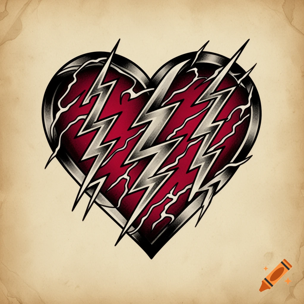 A traditional old-school tattoo design featuring a dark red heart with multiple white lightning bolts striking through it, set on a faded parchment background.