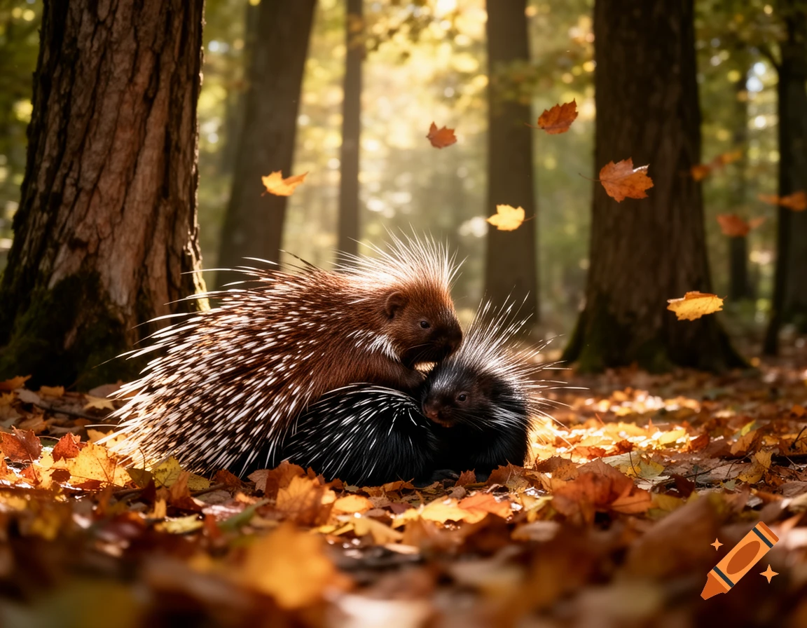 Two porcupines, one brown and one black, cuddle on a forest floor covered in autumn leaves, with sunlight filtering through trees and leaves falling.