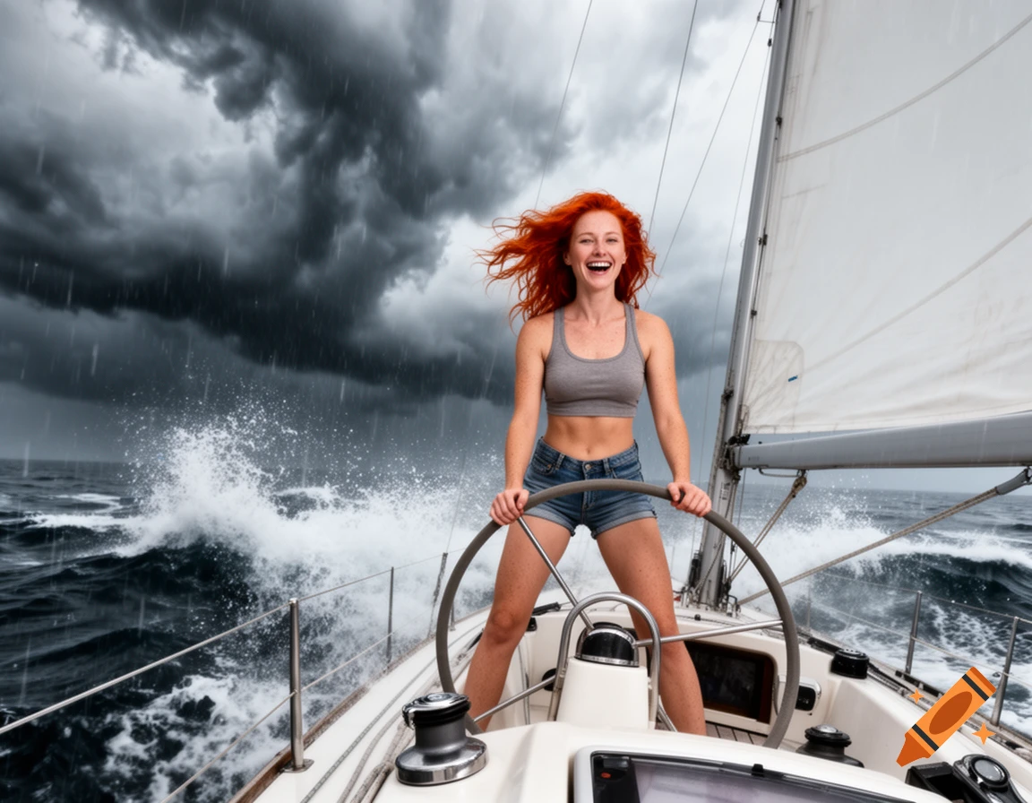 A smiling redhead woman in a crop top and shorts steers a sailboat through stormy seas with dark clouds and crashing waves.