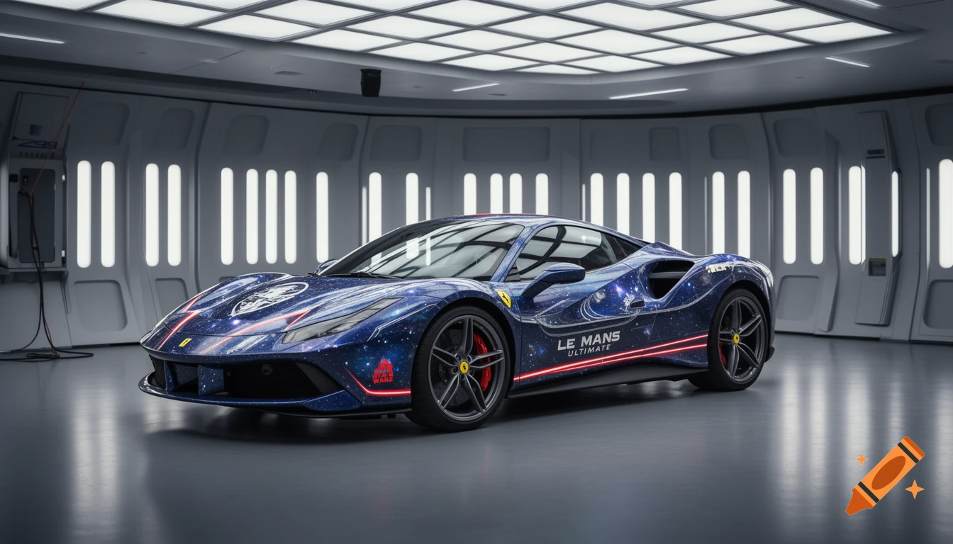 A blue Ferrari F296 sports car with a Star Wars-themed galaxy paint job and Le Mans Ultimate branding, parked in a futuristic garage.