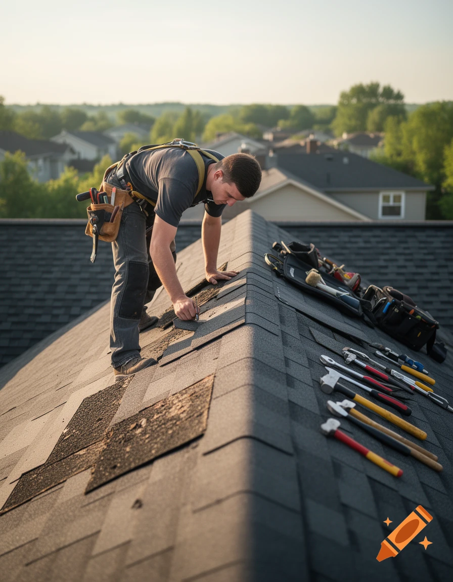 A roofer in a harness repairs shingles on a residential roof, with tools laid out on the other side of the ridge.