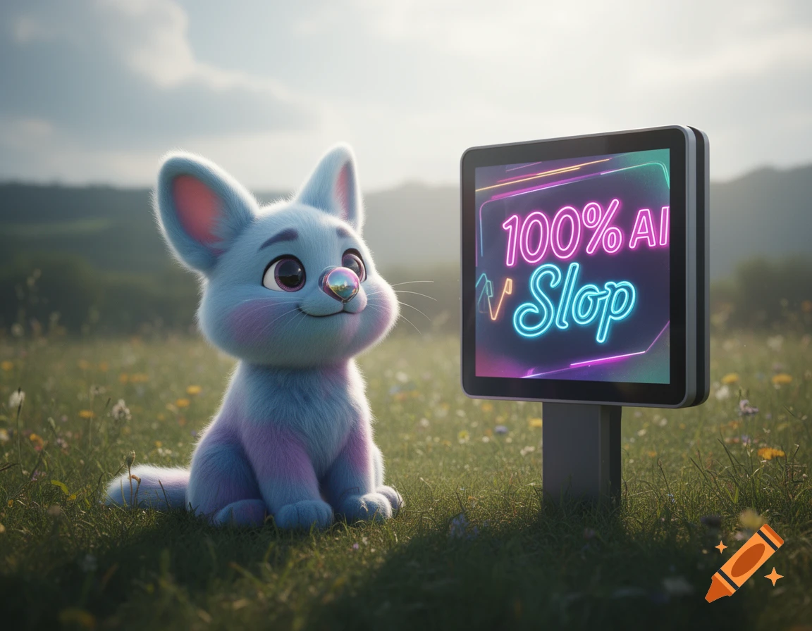 A cute blue and pink furry creature sits in a grassy field next to a glowing digital sign that reads '100% AI Slop'.