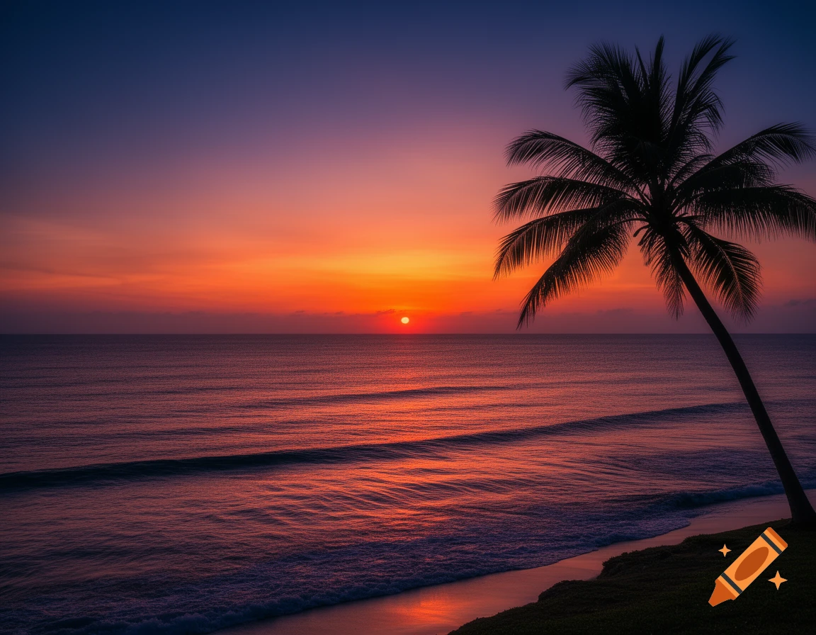 Vibrant tropical sunset over the ocean, with a silhouetted palm tree on the shore.