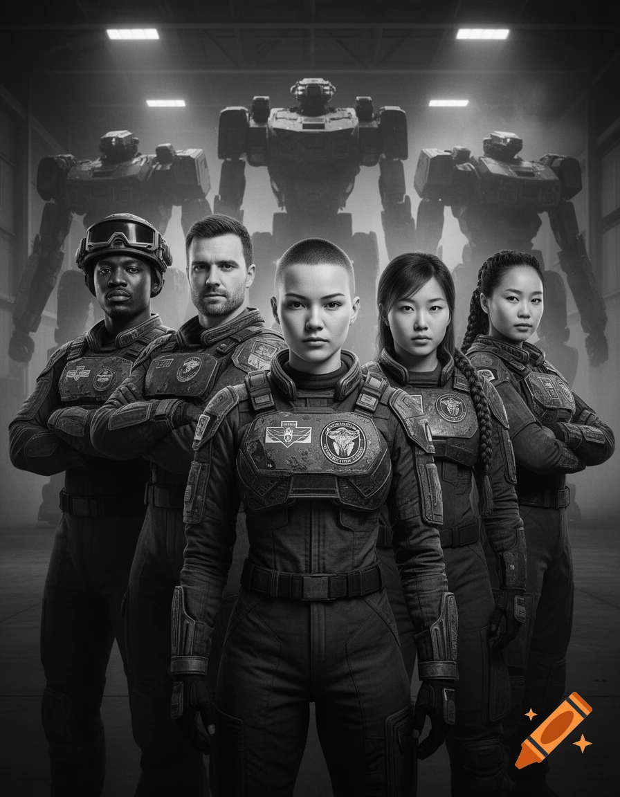 Black and white portrait of five diverse futuristic MechWarrior pilots in uniform, standing in a hangar with large mechs.