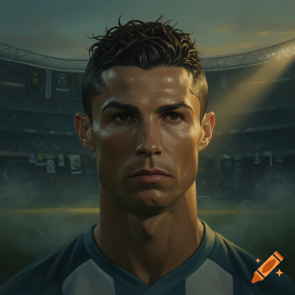 Cinematic painting of Cristiano Ronaldo in a soccer stadium.
