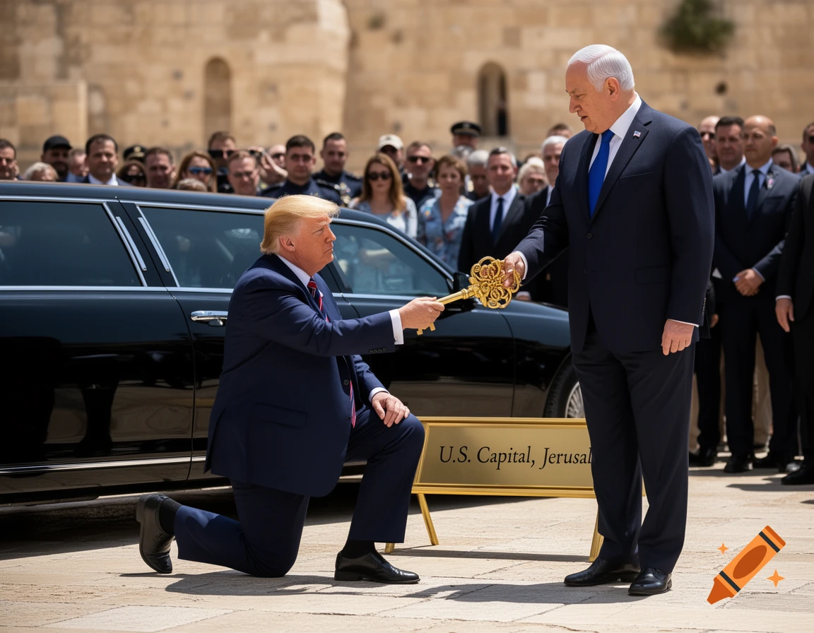 Donald Trump kneels, handing a golden ceremonial key to Benjamin Netanyahu, who stands beside a black limousine with a sign reading "U.S. Capital, Jerusa".