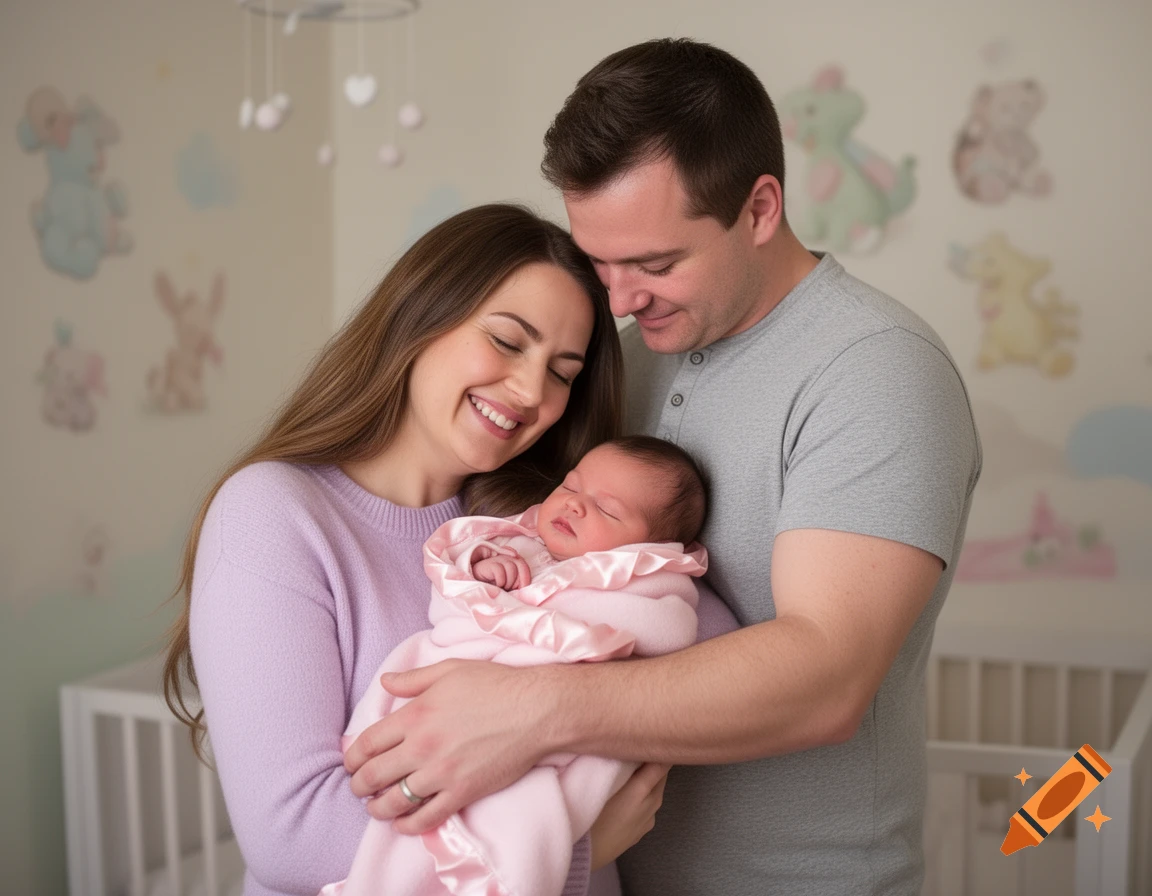 A happy mother and father embrace, lovingly holding their sleeping newborn baby girl in a brightly lit nursery.