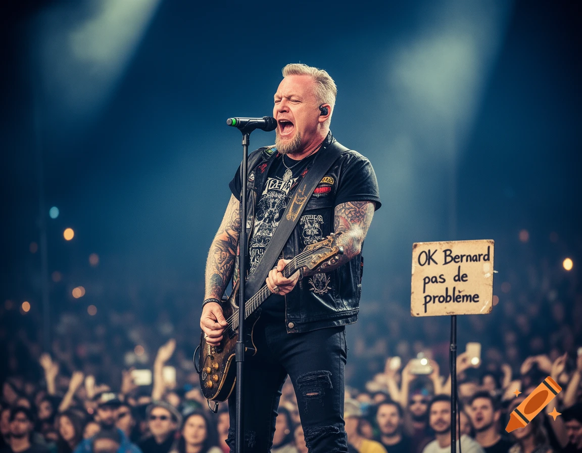 Male singer performs at a rock concert, singing into a microphone and playing guitar, with a sign 'OK Bernard pas de probl me'.