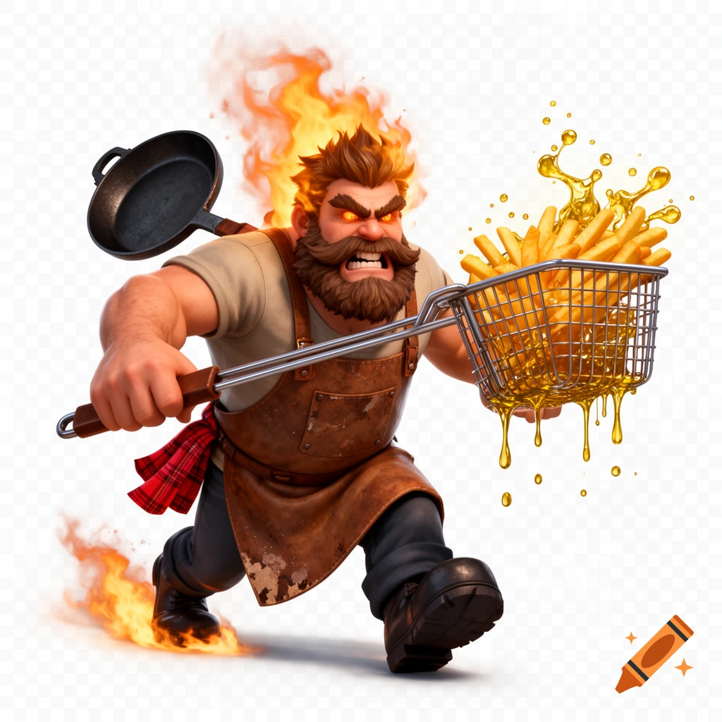 A muscular, angry chef with a flaming beard and glowing eyes runs forward, holding a frying pan and a basket of sizzling fries, in a polished 3D game art style.