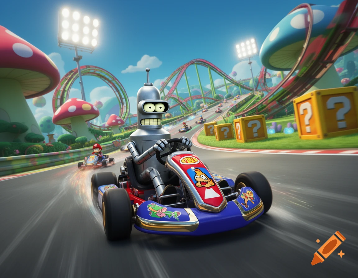 Bender Rodriguez drives a blue and red go-kart with a yellow emblem on a colorful Mario Kart race track, with Mario in a kart behind him.