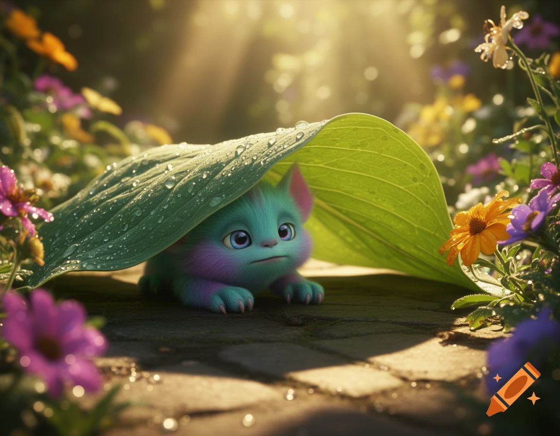A cute, fluffy teal and pink creature with big blue eyes peeks from under a dew-covered leaf in a sunny garden.