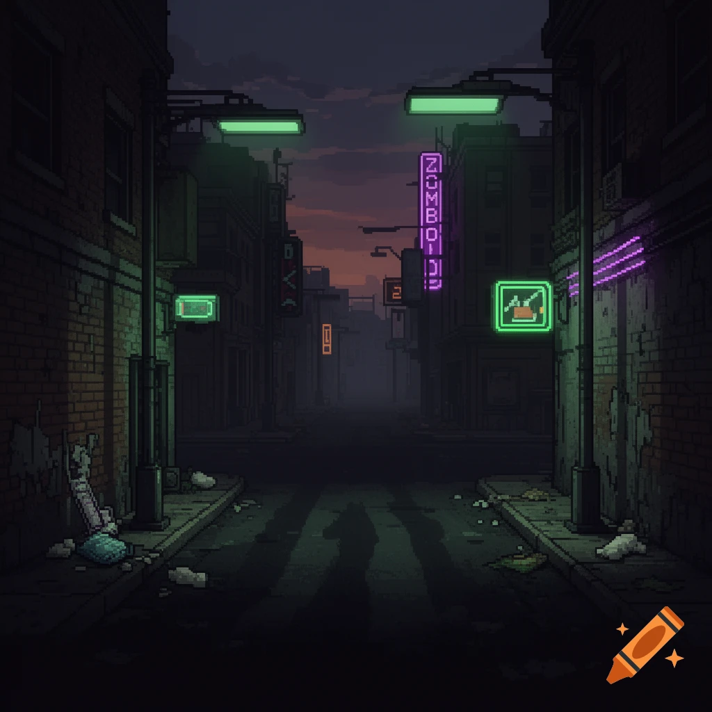 A dark pixel art urban alleyway with glowing green and purple neon signs at dusk, depicting trash on the ground.