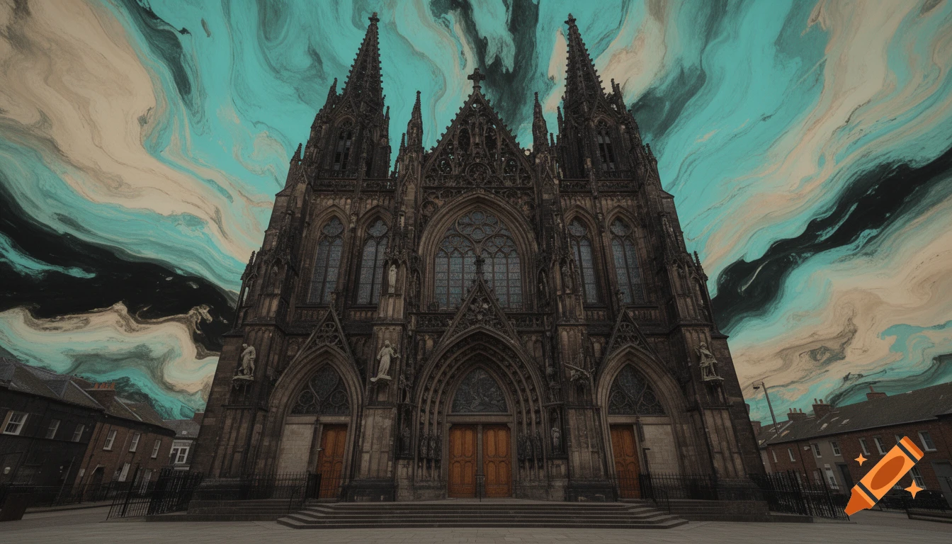 A dark gothic church with intricate details stands under a dramatic, swirling marbled sky of turquoise, beige, and black.