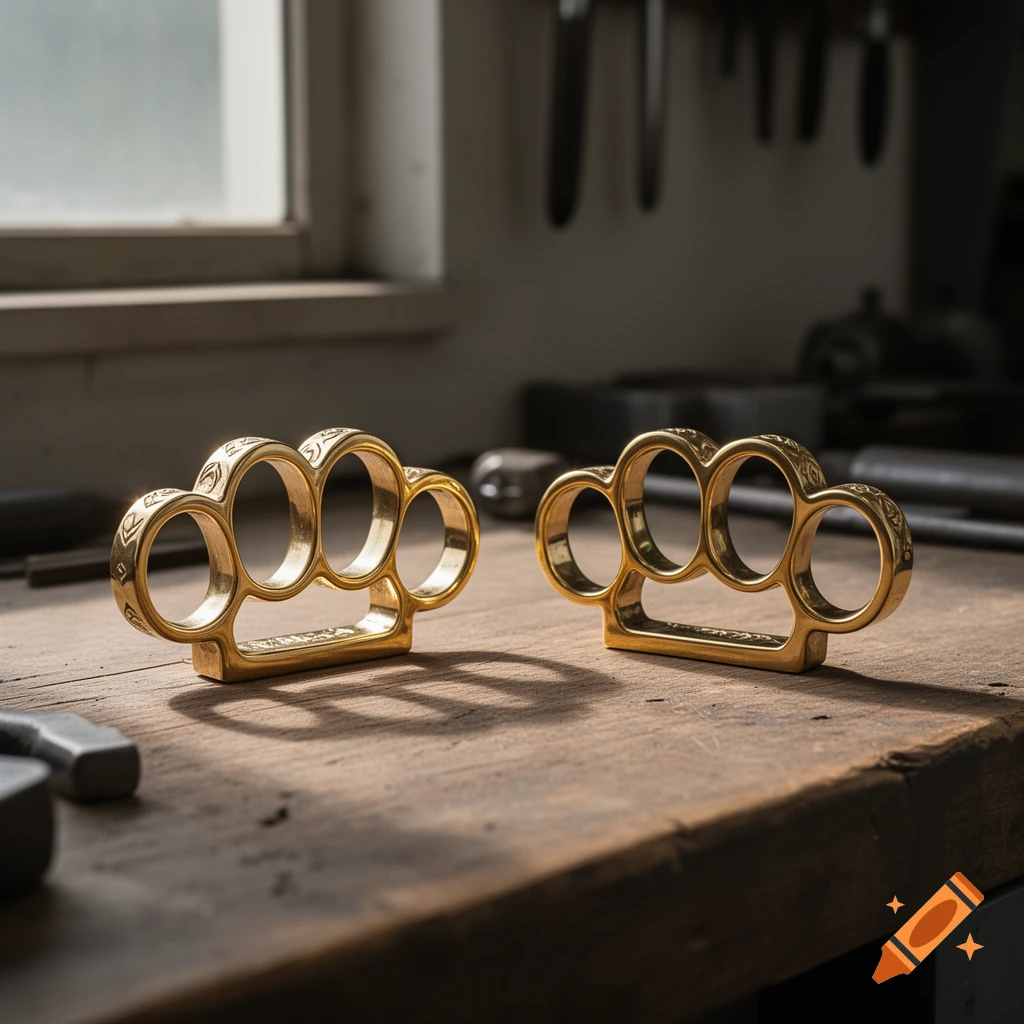 Two golden brass knuckles with decorative etching sit on a rustic wooden workbench near a sunlit window.