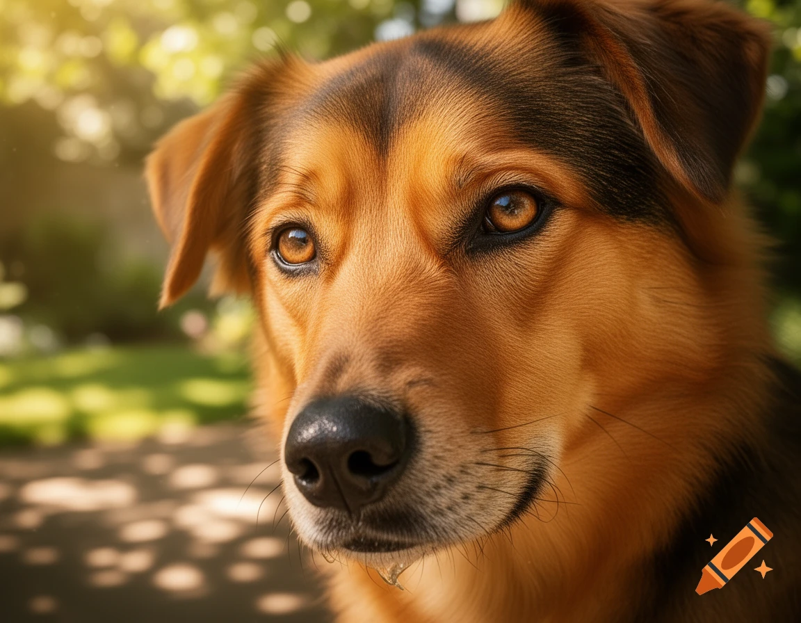 Close-up photorealistic portrait of a brown and black dog's face with warm eyes, bathed in sunlight outdoors.