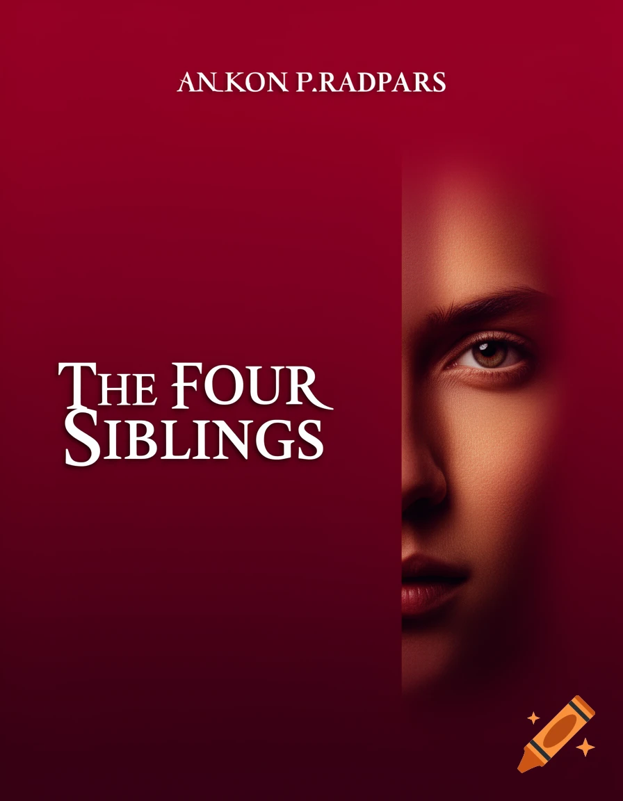A minimalist book cover with a dark red background, featuring a partial face on the right and the title 'The Four Siblings' on the left.