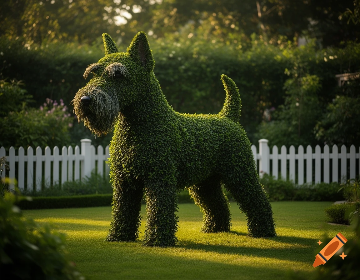A photorealistic schnauzer-shaped hedge stands in a sunny garden with a white picket fence.