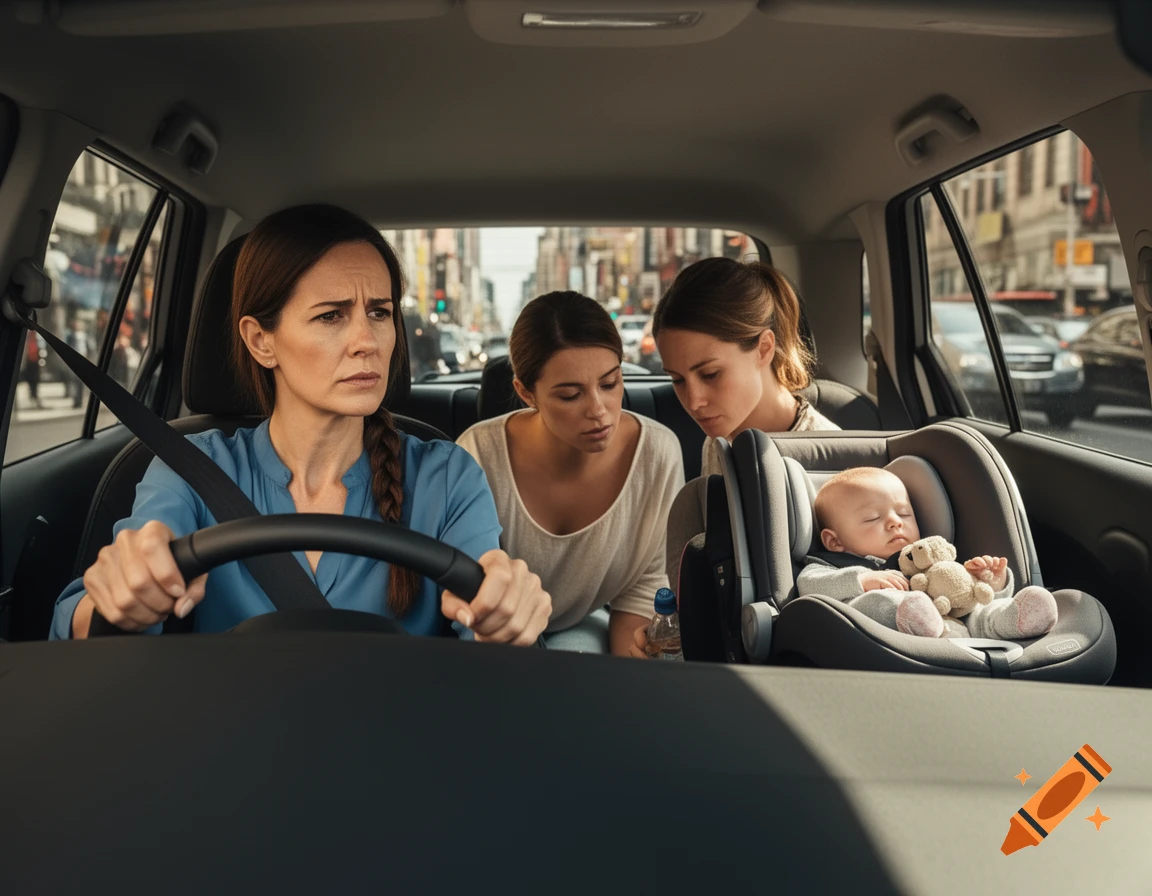 A stressed woman drives a car, with a passenger beside her and a sleeping baby in the back, city visible outside.