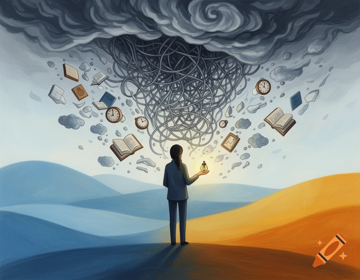 A person stands between blue and amber hills under a stormy cloud with tangled threads, surrounded by floating books and clocks, holding a lantern in a surreal, painterly style.