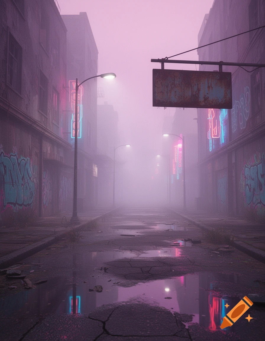 Foggy, neon-lit abandoned city street with graffiti and puddles reflecting pink and blue lights, in a vaporwave style.