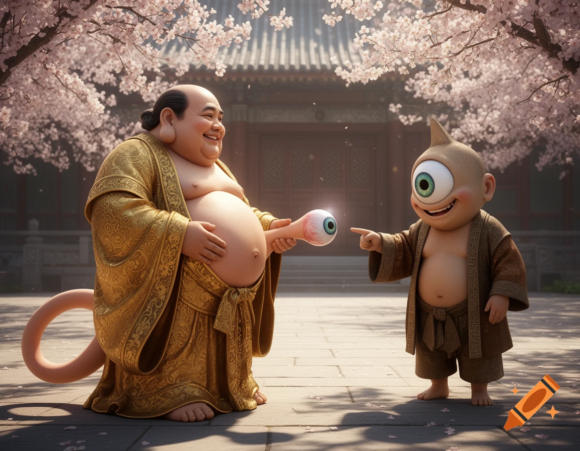 A smiling, rotund Buddha-like figure in golden robes with an eye on his tail interacts with a joyful, one-eyed child-like creature in front of a temple under cherry blossoms.