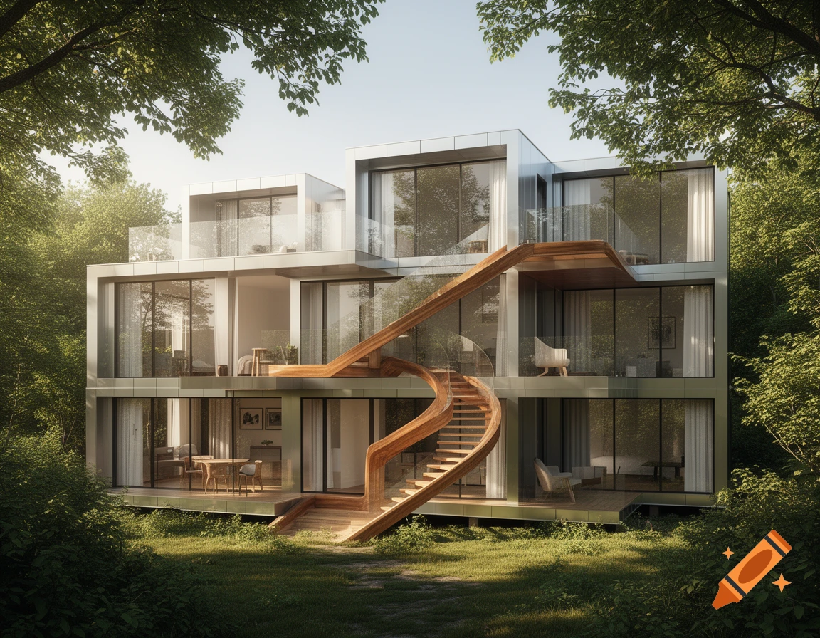 A striking modern multi-level house with a large organic wooden spiral staircase, nestled among lush green trees.