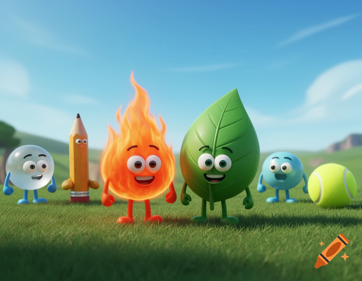 Five smiling anthropomorphic cartoon objects: a water drop, pencil, fire, and leaf, with a tennis ball on green grass under a blue sky.