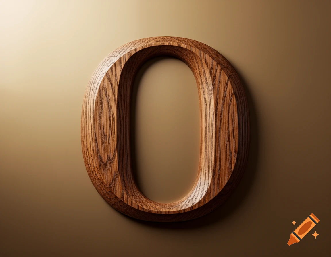 A close-up of a three-dimensional wooden letter O or number 0, with a rich grain pattern, casting a soft shadow on a warm beige background.