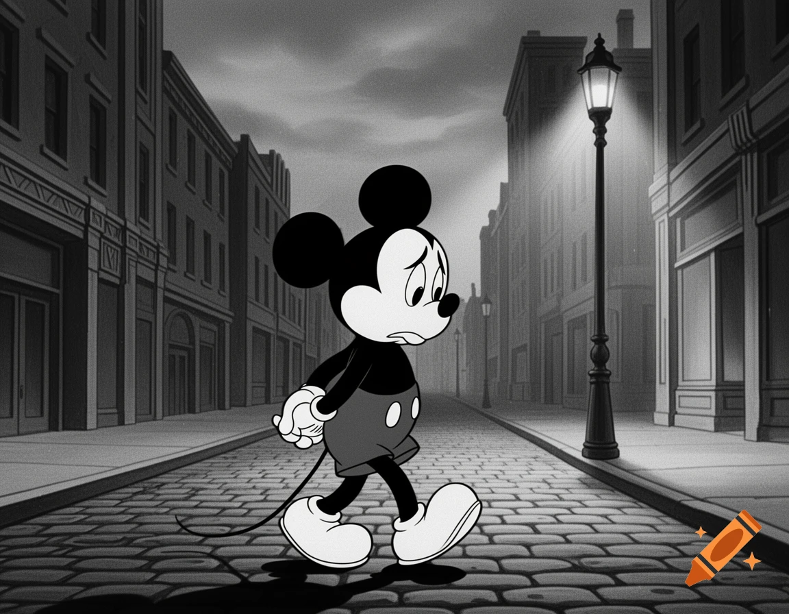 Black and white 1930s rubber hose Mickey Mouse walks sadly down a cobblestone street at night, hands behind his back.