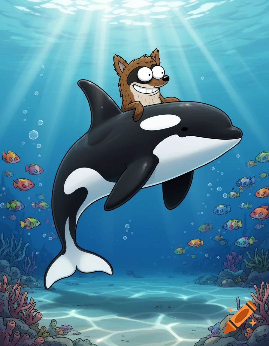 A smiling, cartoonish Rigby-like creature rides on the back of a black and white orca underwater, surrounded by colorful fish and coral.