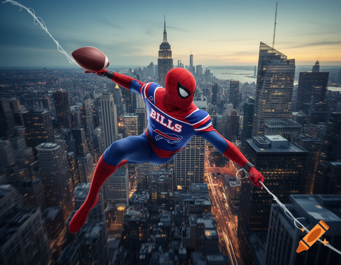 Spider-Man in a Buffalo Bills jersey swings above a city skyline, holding a football. Photorealistic image.