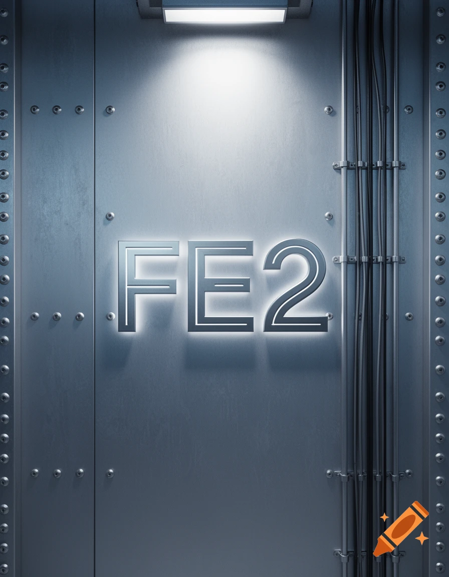 A metallic silver panel with a glowing 'FE2' text under a bright light, featuring rivets and exposed cables.