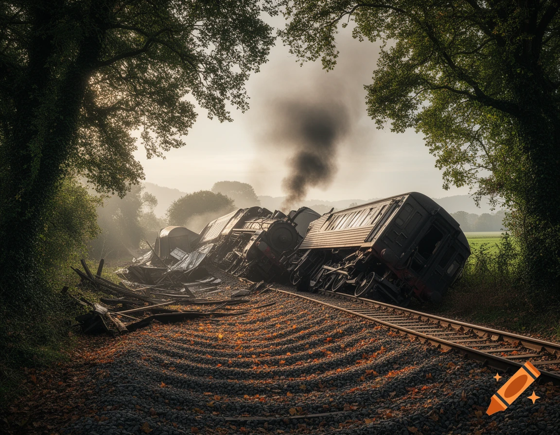 A derailed train with multiple cars overturned on a track surrounded by lush green trees, emitting dark smoke, in a misty, photorealistic style.
