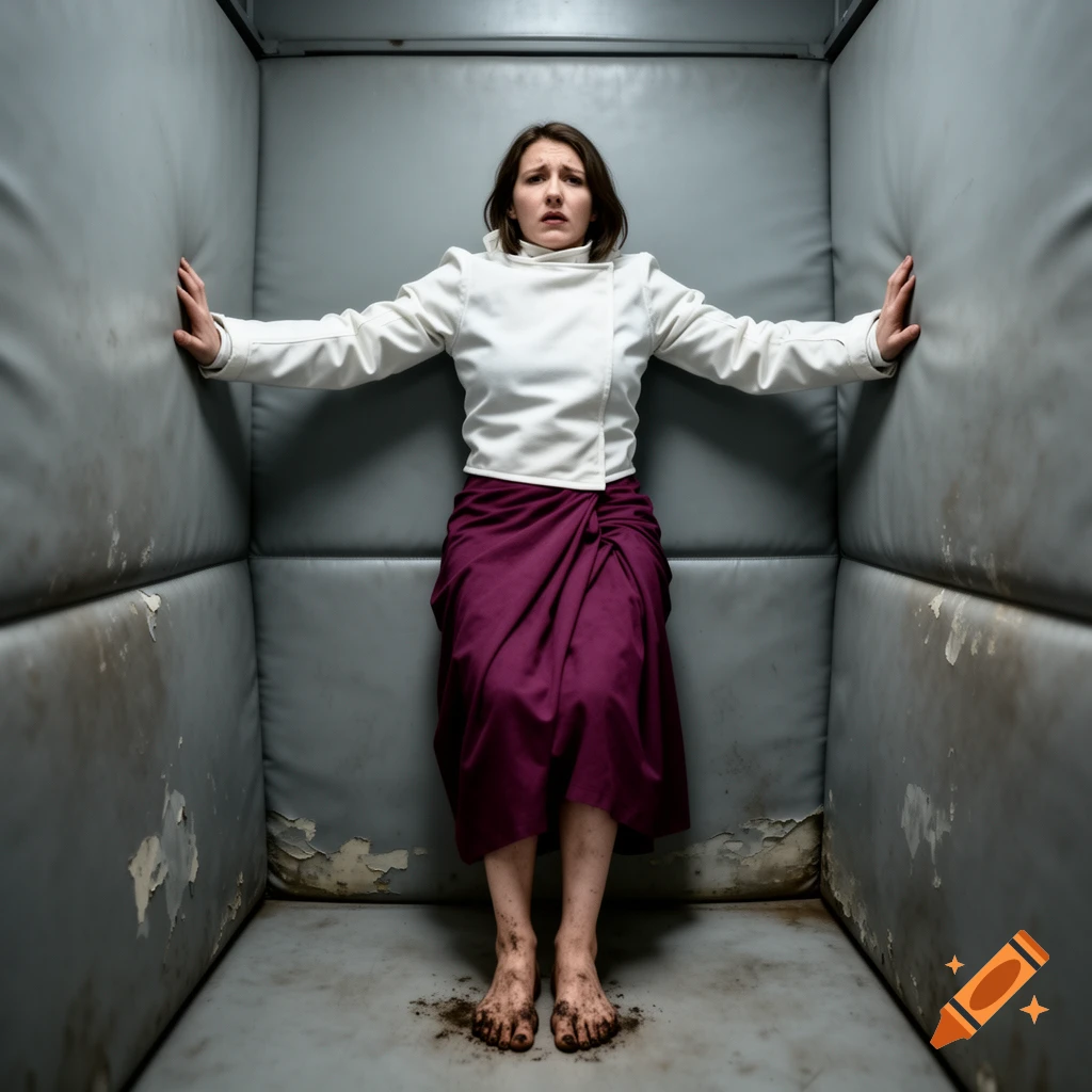 A distressed woman in a white jacket and purple skirt with dirty bare feet pushes against the padded walls of a cell, looking upward.
