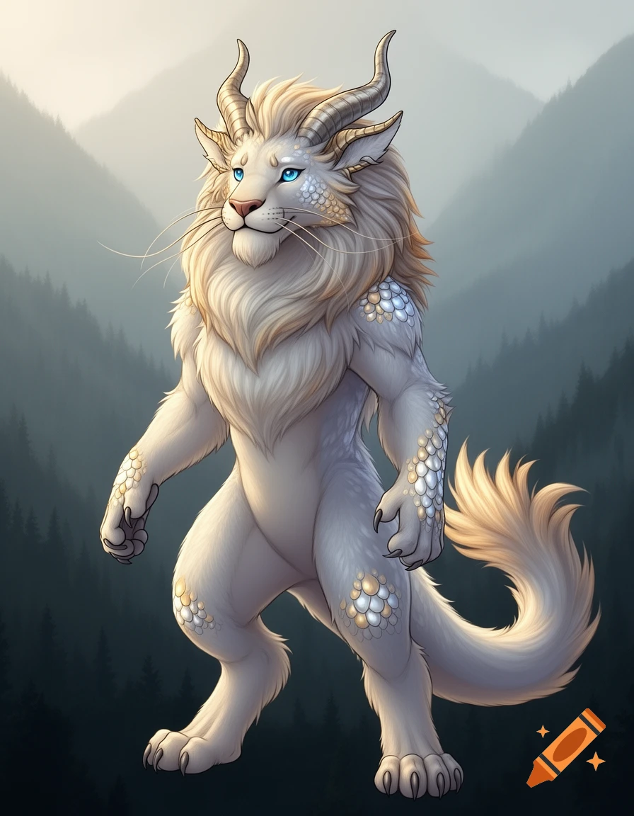 A majestic white anthropomorphic lion-dragon creature with blue eyes and horns stands in a misty mountain forest.