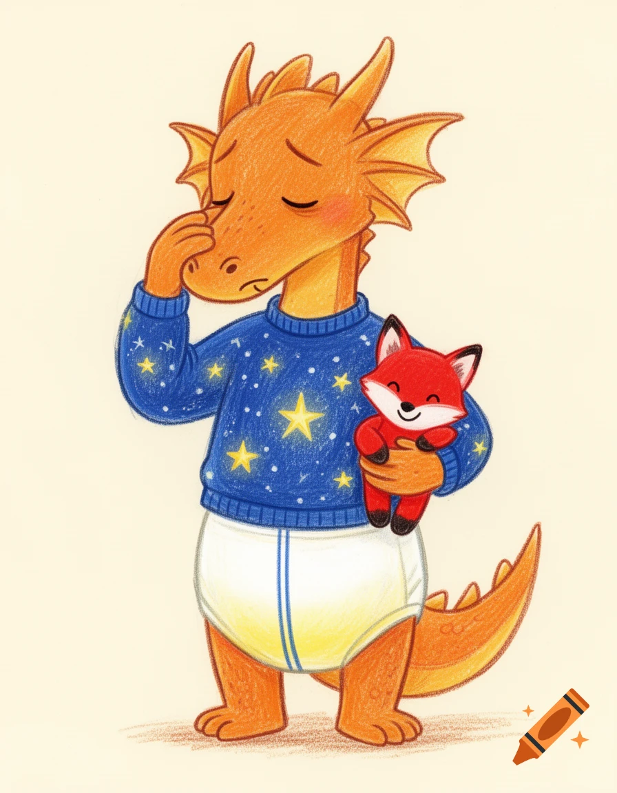 Crayon illustration of a sleepy orange dragon in a starry blue sweater and diaper, pouting and rubbing its eye while holding a red fox plushie.