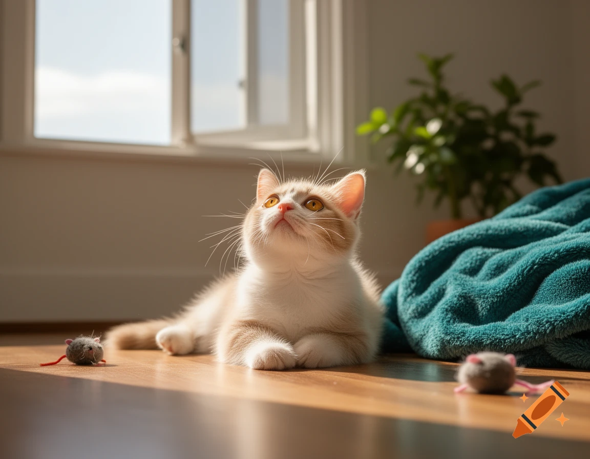 A cute ginger and white kitten lies on a sunlit wooden floor, looking up, with two toy mice nearby.