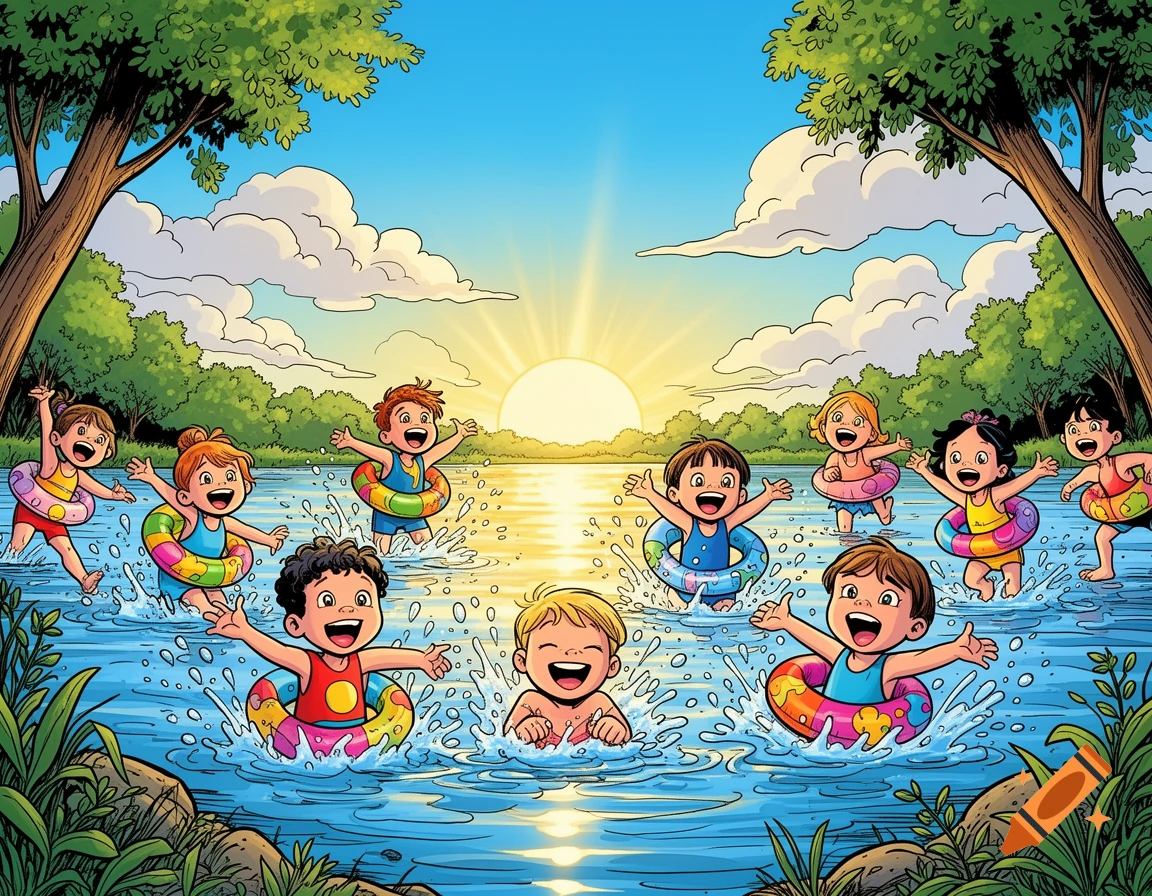 Cartoon illustration of joyful children playing in a lake or river, splashing water under a bright summer sun.