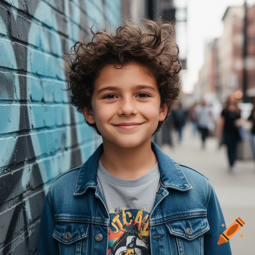 A smiling boy with curly hair in a denim jacket stands against a blue and black graffiti wall in an urban setting.