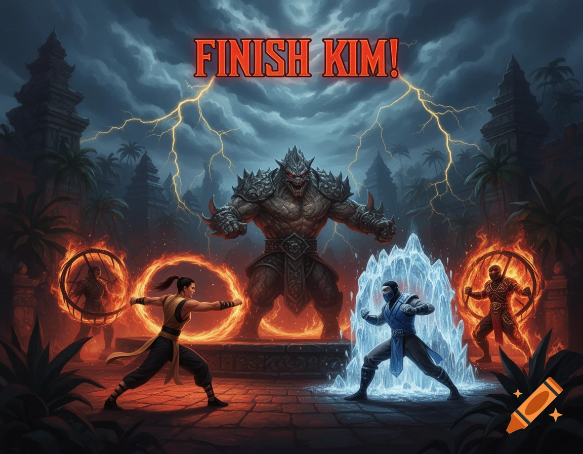An epic Mortal Kombat-style scene featuring a female fighter and Sub-Zero facing a large monstrous Goro-like figure under a stormy, lightning-filled sky.
