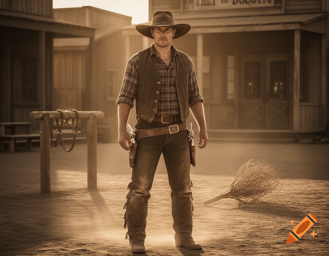A stern cowboy in a hat and vest with pistols, standing in a dusty Wild West town at sunset.