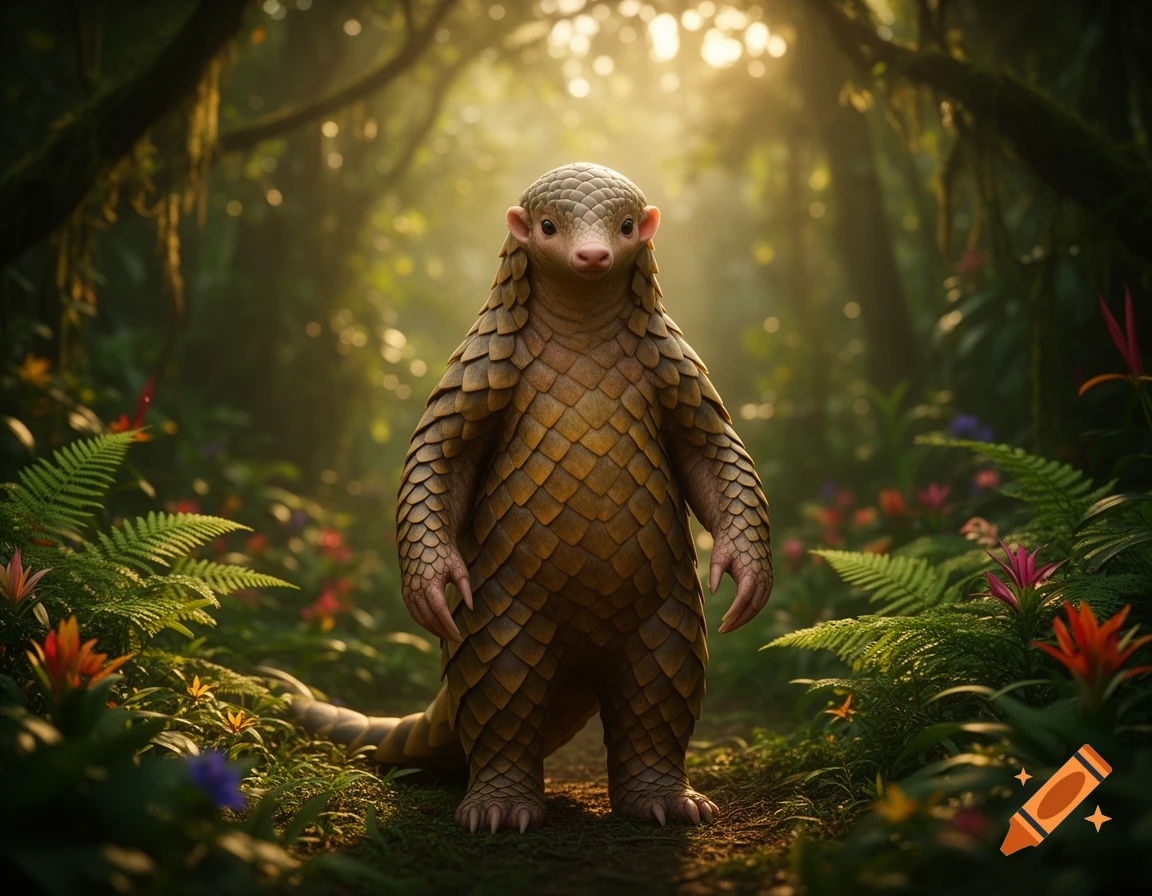A photorealistic humanoid pangolin stands in a lush, sun-dappled jungle with vibrant foliage.