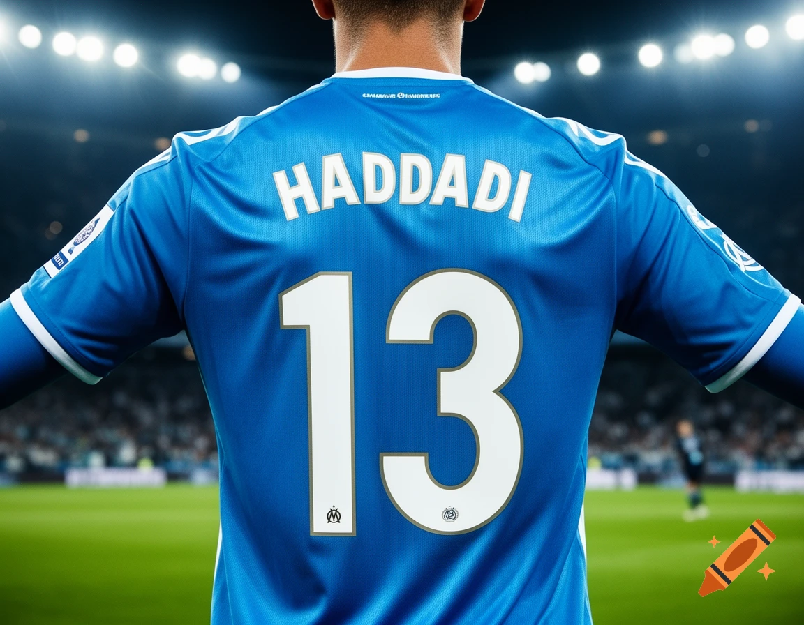 Back of a blue soccer jersey with the name 'HADDADI' and number '13' on it, worn by a player in a stadium.