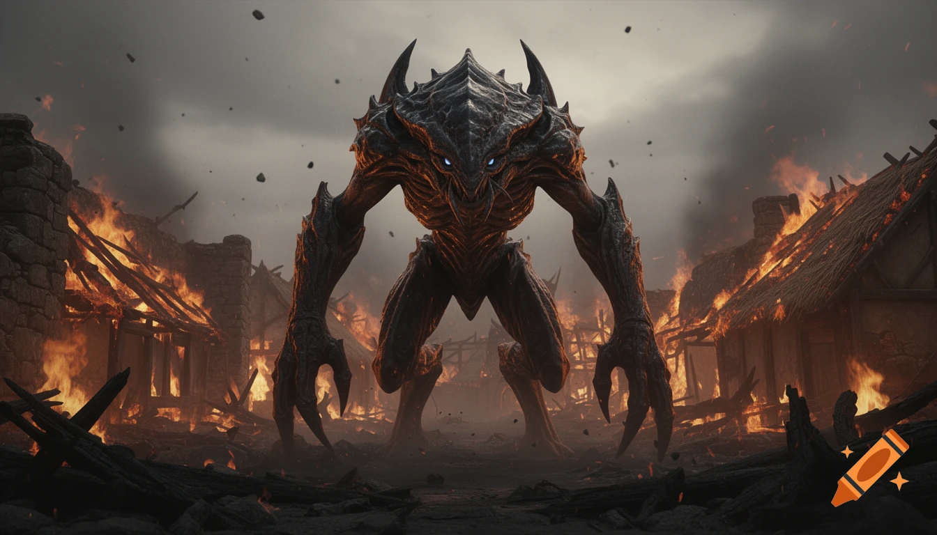 A towering, dark fantasy monster with glowing blue eyes stands in a burning medieval village under a stormy sky.