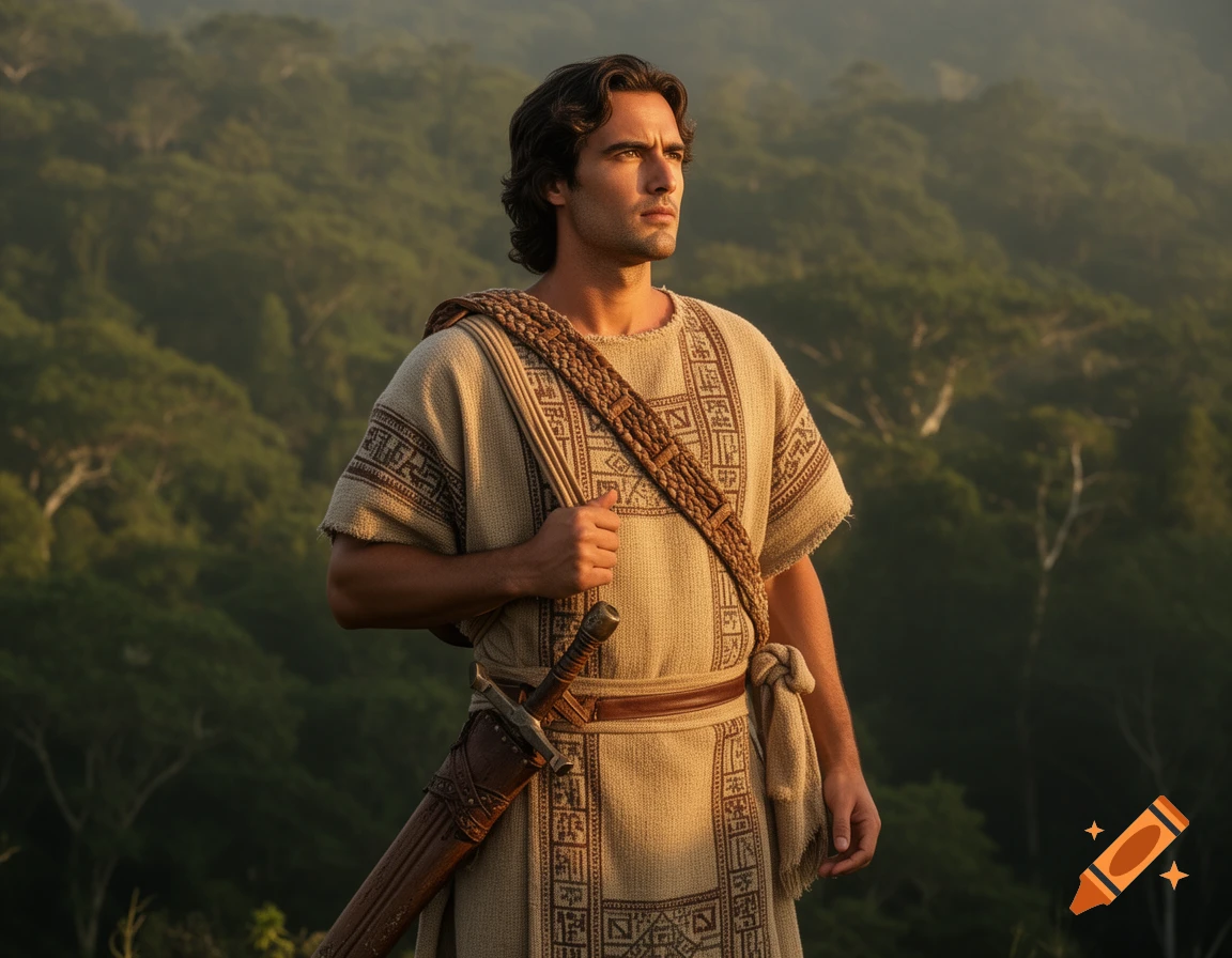 A man in ancient servant clothes with a sword and sling looks across a lush, misty forest.