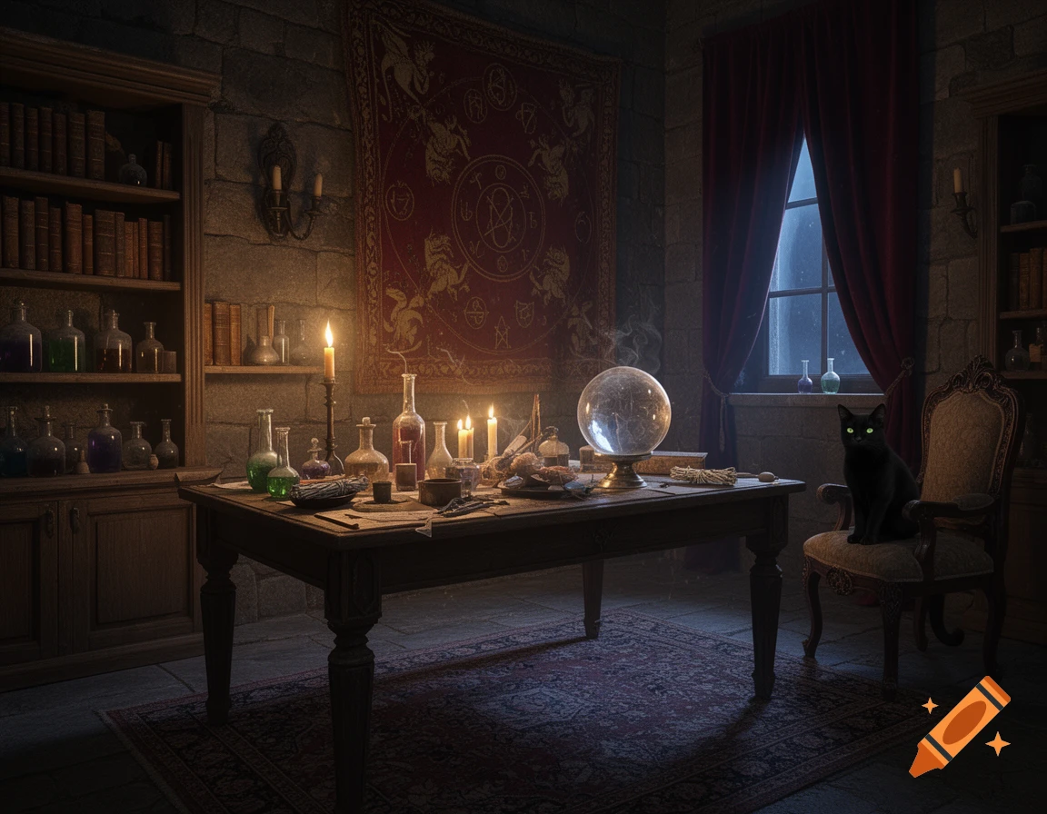 A dimly lit witch's room with a table full of potions, candles, and a crystal ball. A black cat sits on a chair next to a window.