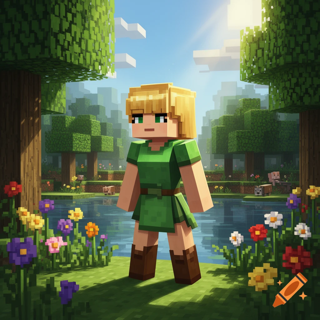 Alex from Minecraft with a microbob hairstyle stands in a vibrant blocky landscape with trees, flowers, and a pond.