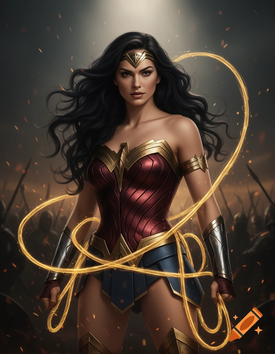 Wonder Woman stands powerfully in her costume, holding her glowing Lasso of Truth against a dark, battle-filled background.