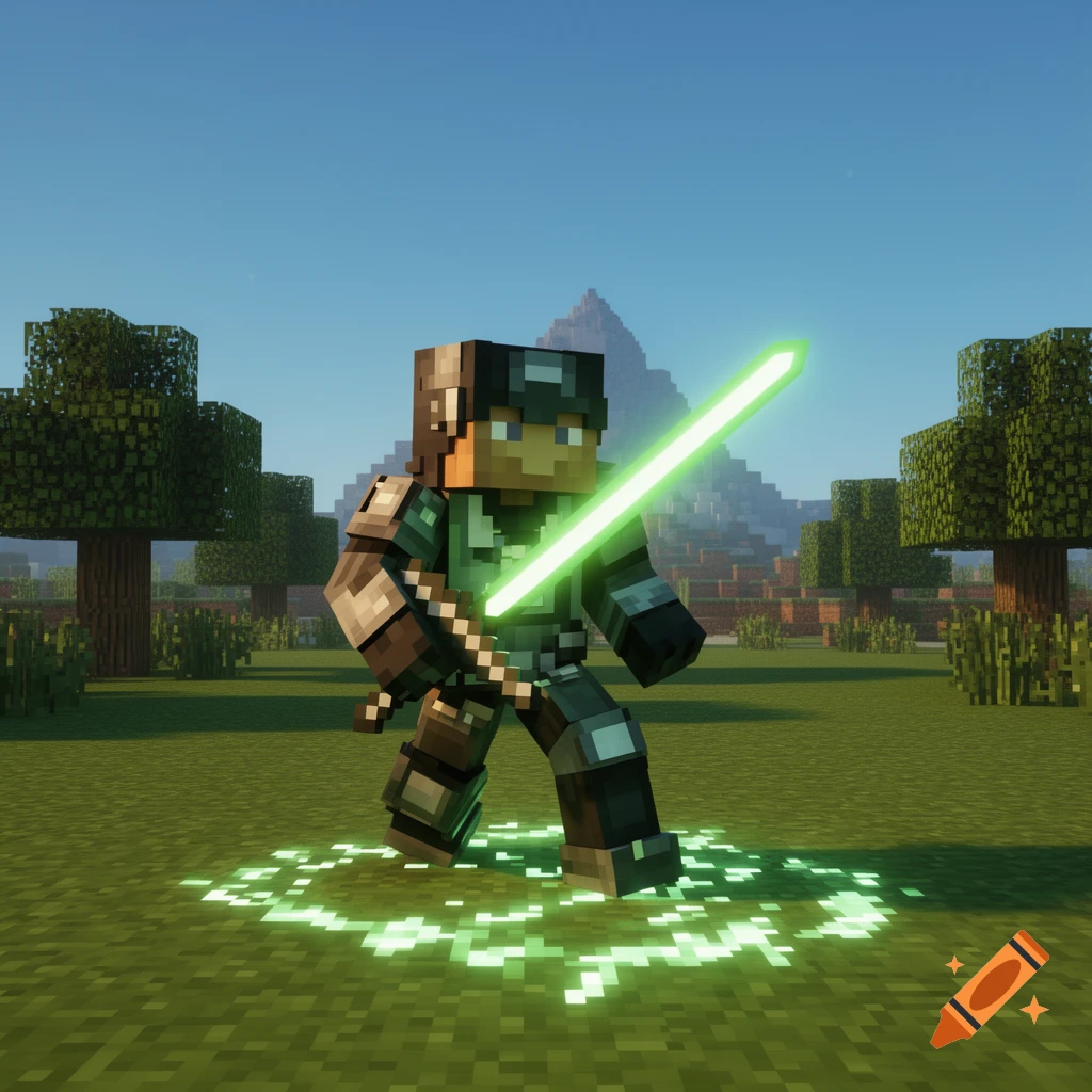 A 3D Minecraft character in armor holds a glowing green lightsaber, standing in a blocky grassy landscape with a mountain.